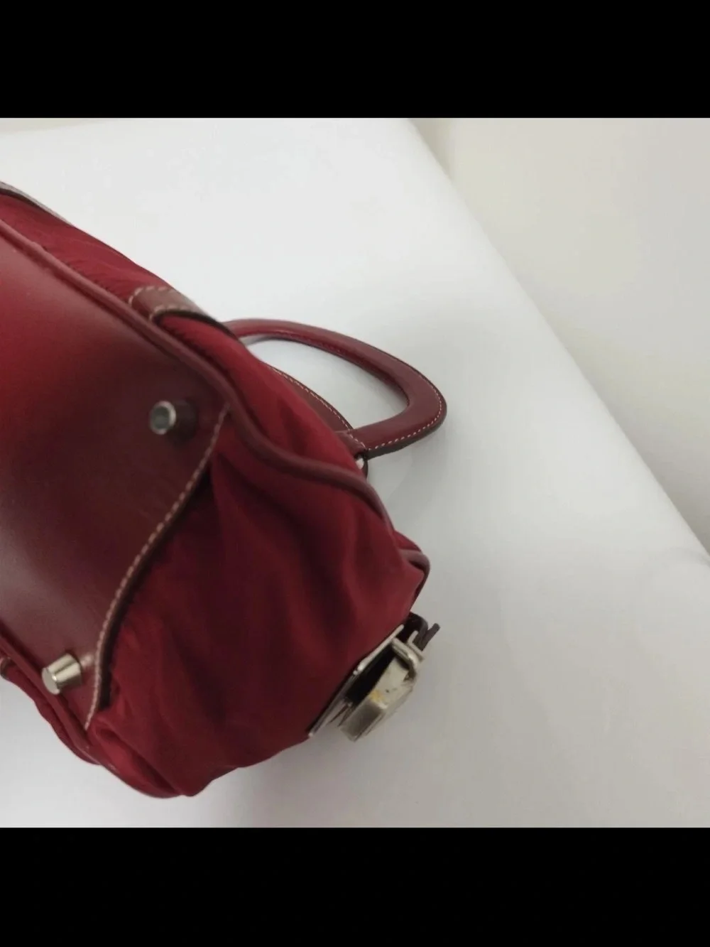 Prada Red Nylon Barrel Satchel with Leather Trim
